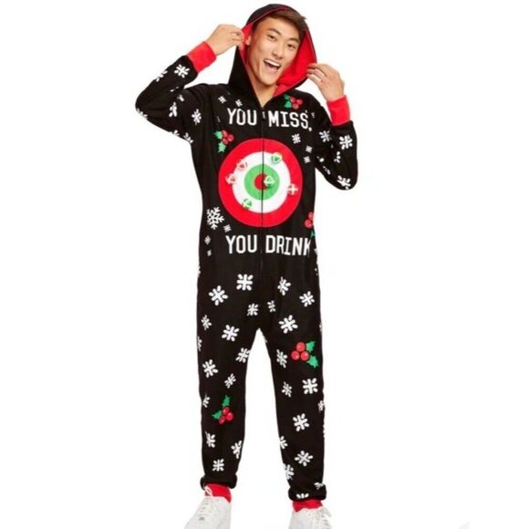 Tipsy Elves Men Medium Drinking Game Dartboard Fleece Jumpsuit.Full Zip Hooded - Picture 1 of 5